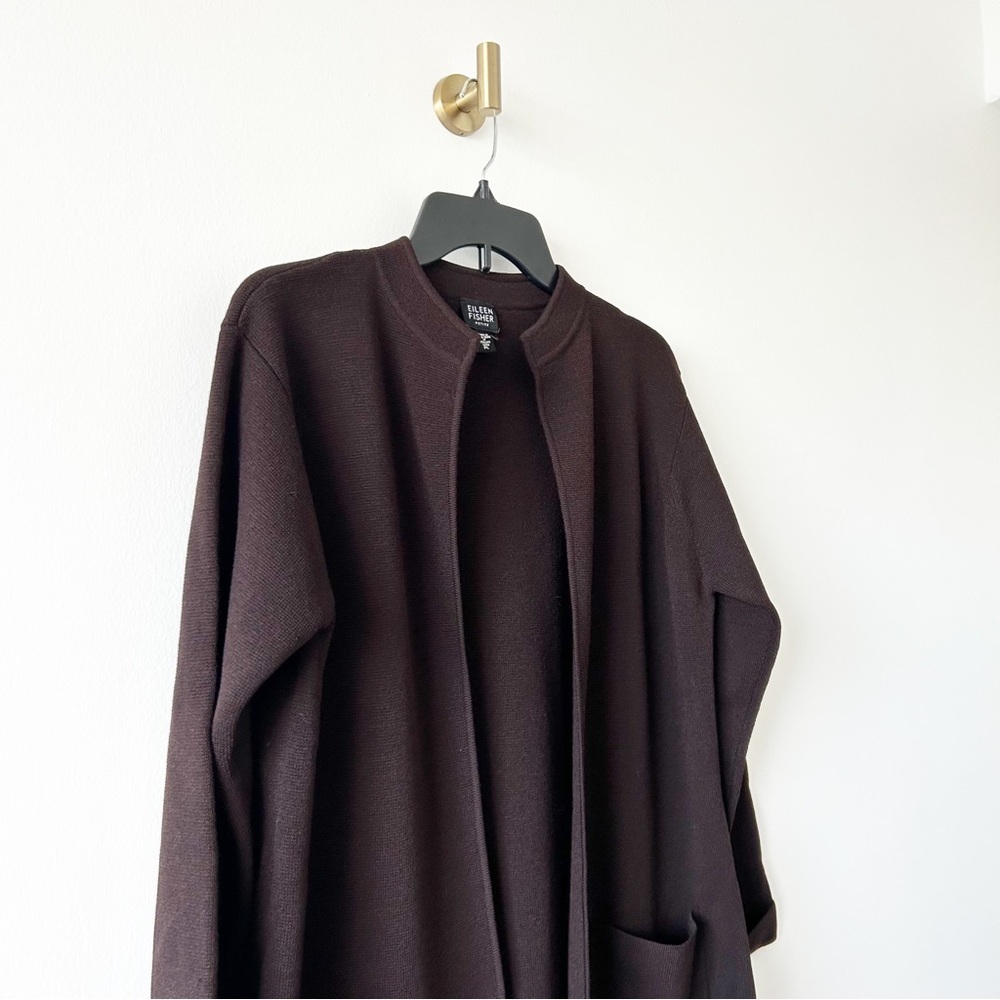 Eileen Fisher 100% Wool Dark Brown Open Front Long Cardigan Sweater Size PL - Picture 4 of 7